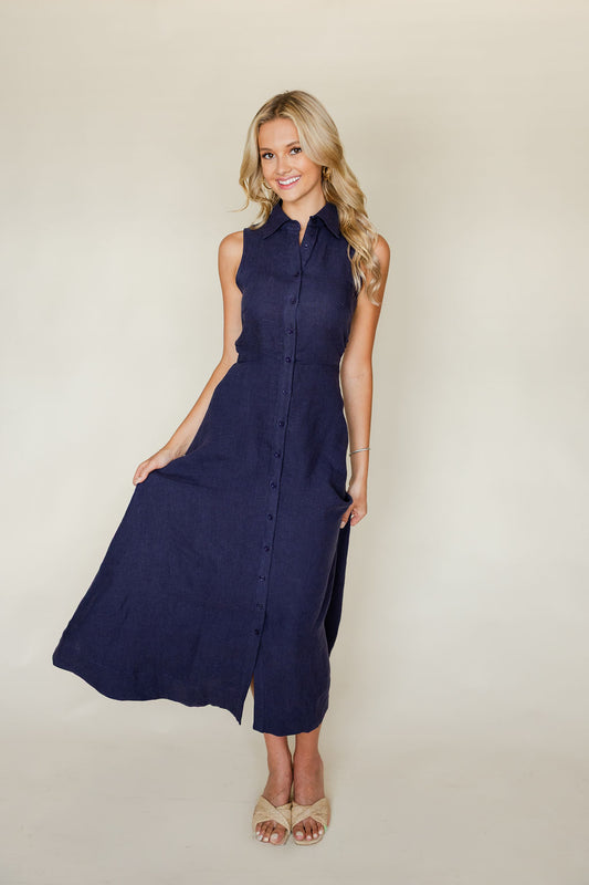 Aimme Button Front Linen Maxi Dress