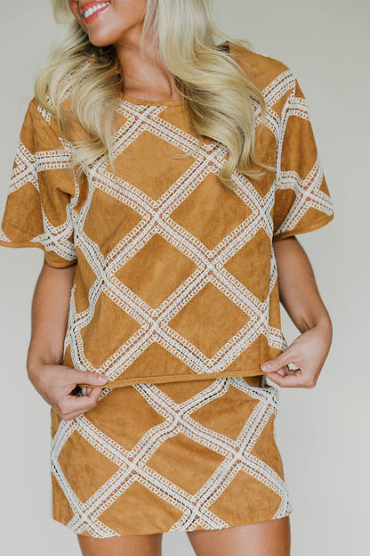 Crochet Patch Suede Top & Skirt Set