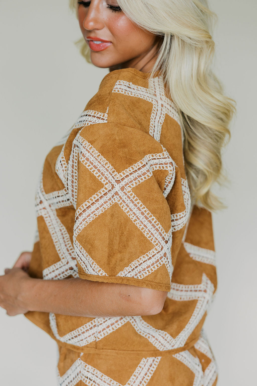 Crochet Patch Suede Top & Skirt Set