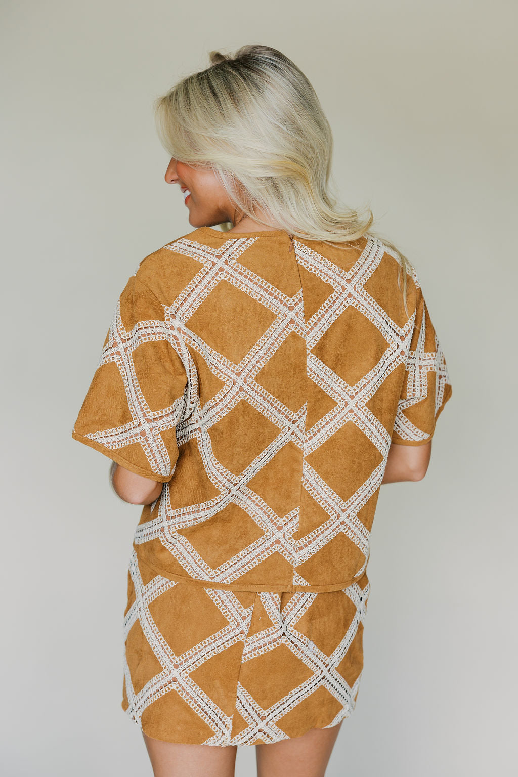 Crochet Patch Suede Top & Skirt Set