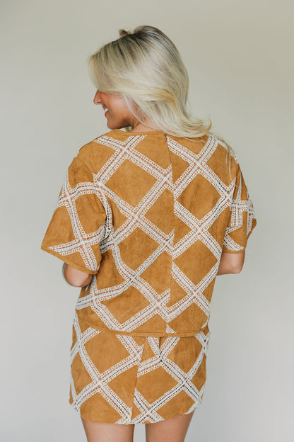 Crochet Patch Suede Top & Skirt Set