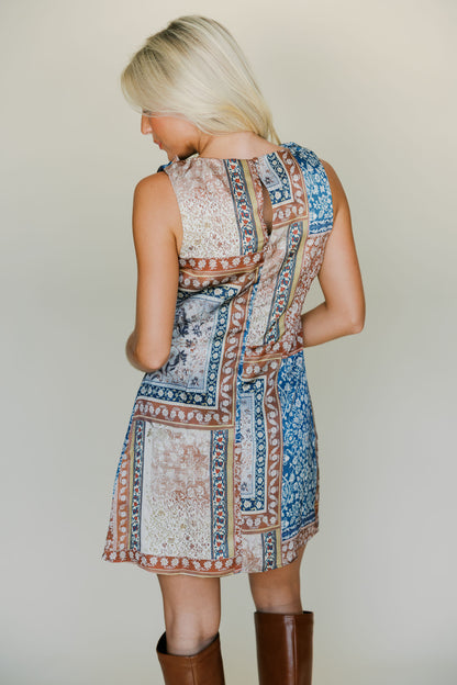 PATCHWORK PRINTED SATIN MINI DRESS