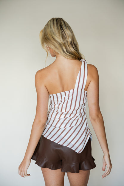 Striped One Shoulder Asymmetrical Neckline Ruched Bodice Top