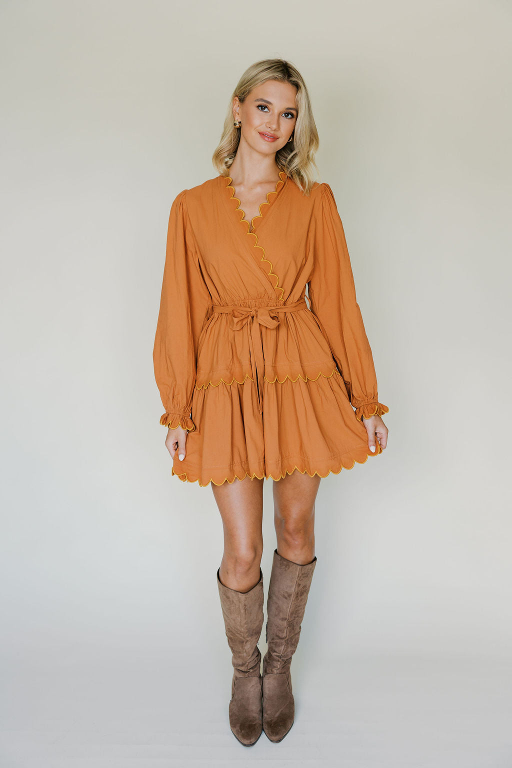 Embroidered Scallop Tie Mini Dress