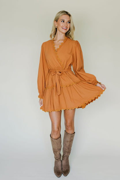 Embroidered Scallop Tie Mini Dress
