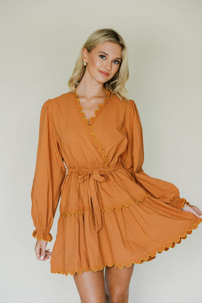 Embroidered Scallop Tie Mini Dress