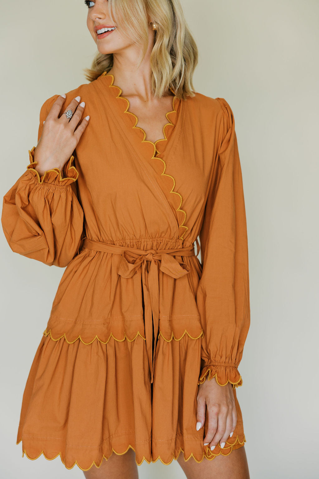 Embroidered Scallop Tie Mini Dress