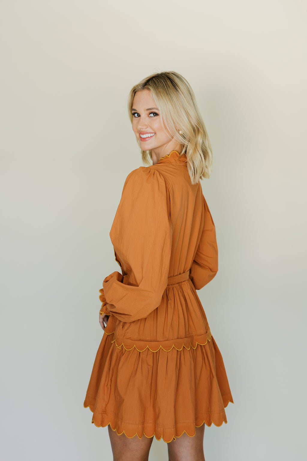 Embroidered Scallop Tie Mini Dress