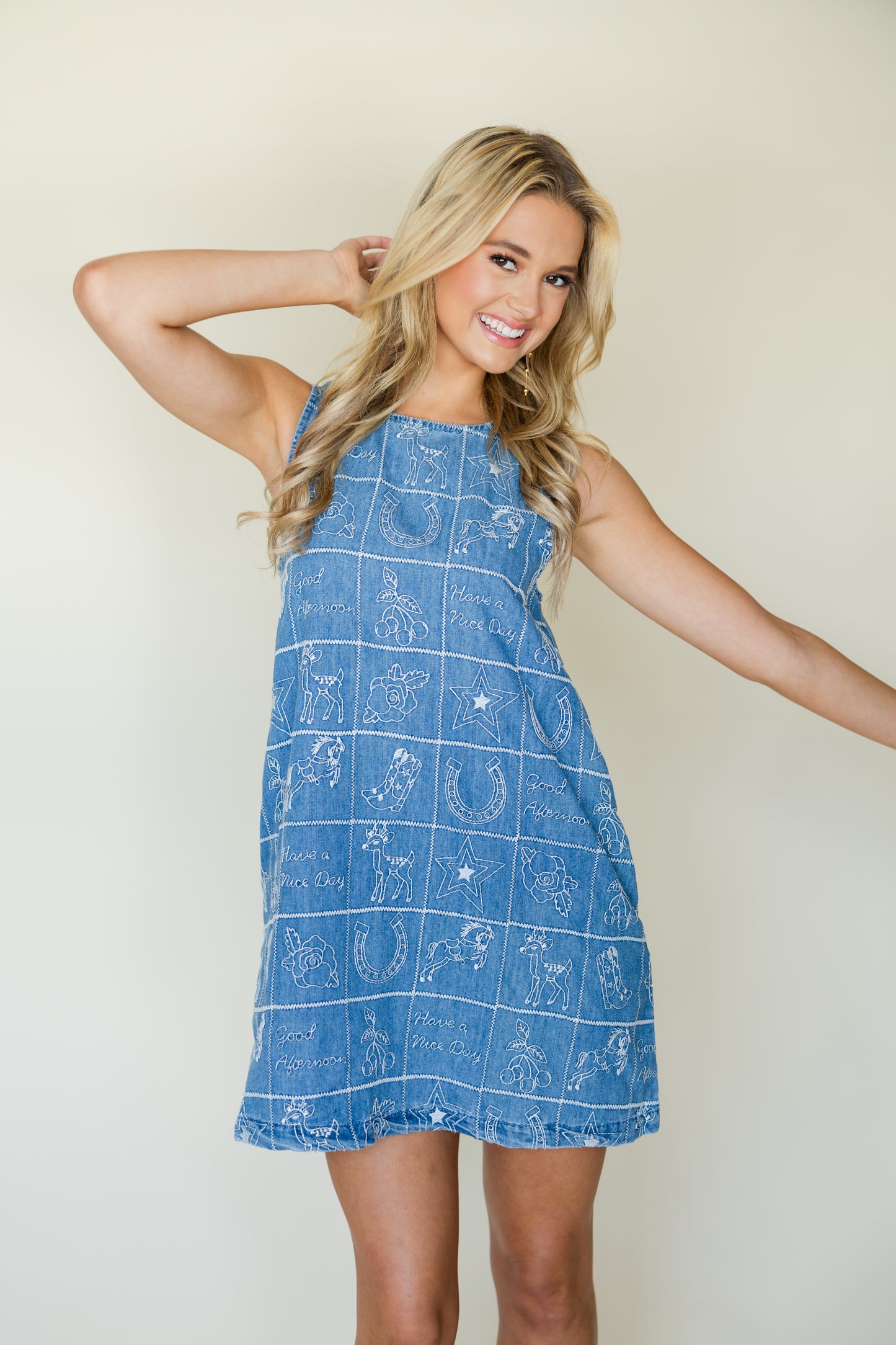 Embroidered Denim Shift Dress