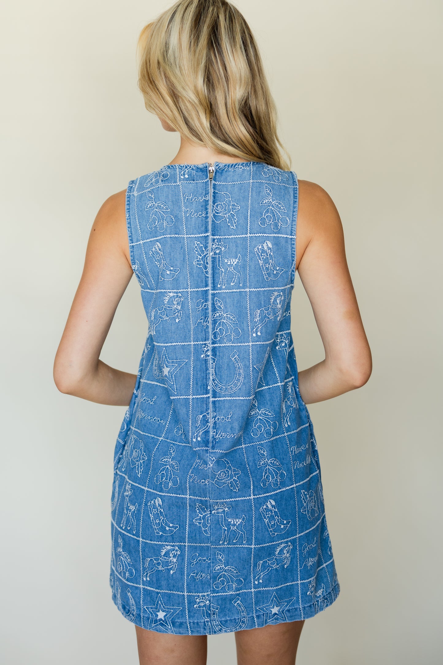 Embroidered Denim Shift Dress