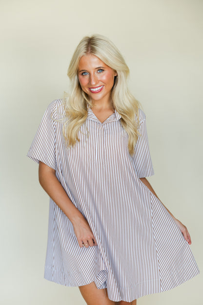 Striped Short Sleeve A-line Shirt Swing Dress