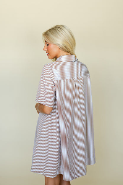 Striped Short Sleeve A-line Shirt Swing Dress