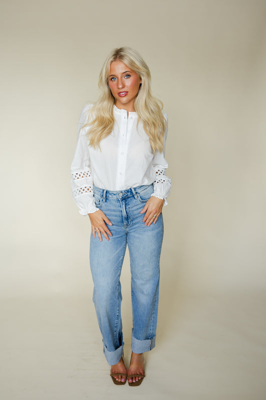 White Lace Button Front Blouse