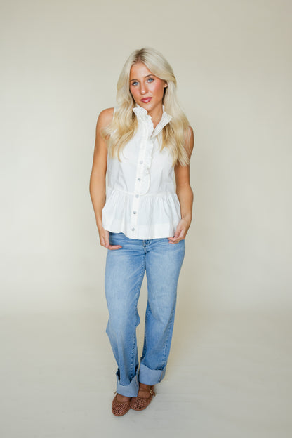 Solid Ruffled Collar Sleeveless Peplum Top