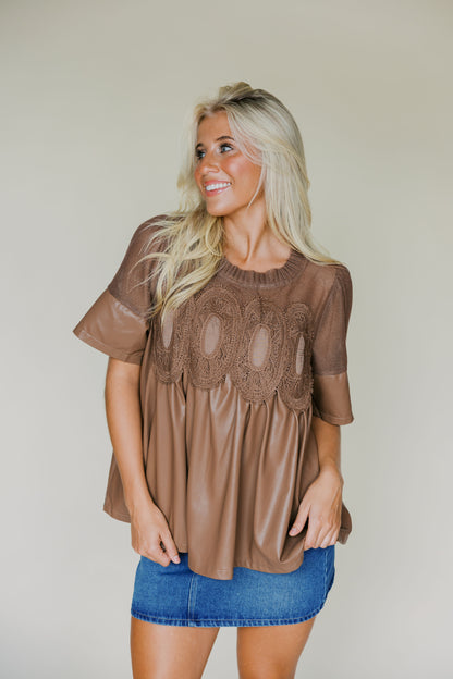 Lace Overlay Faux Leather Babydoll Top