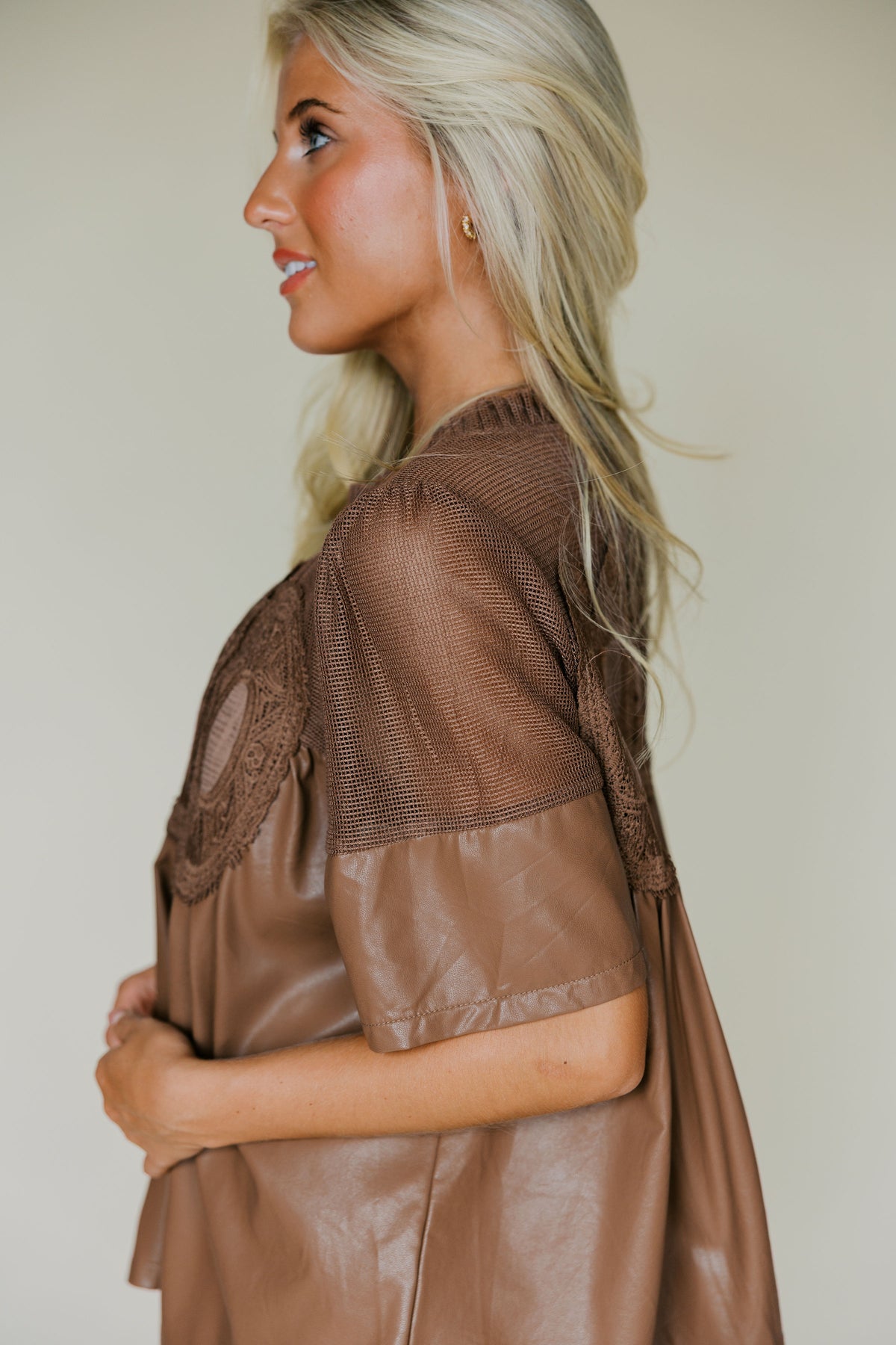 Lace Overlay Faux Leather Babydoll Top
