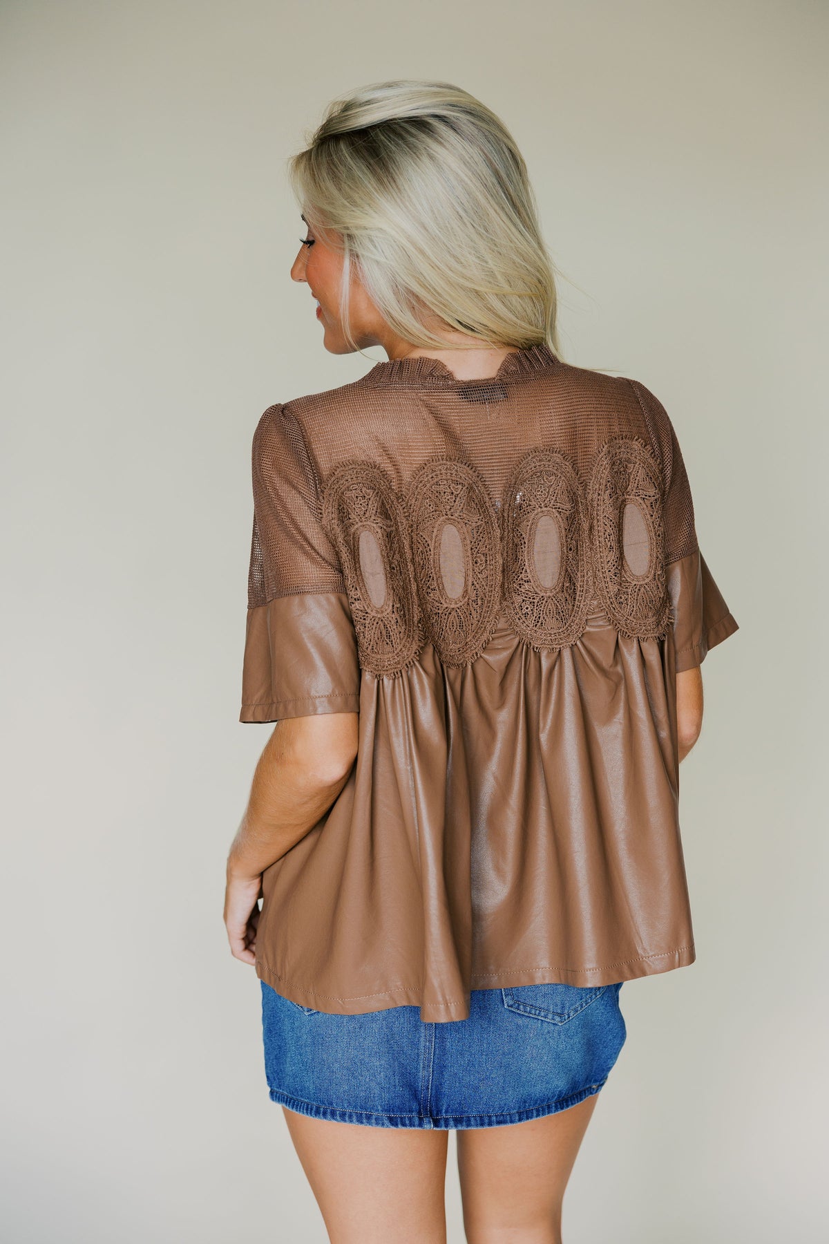 Lace Overlay Faux Leather Babydoll Top
