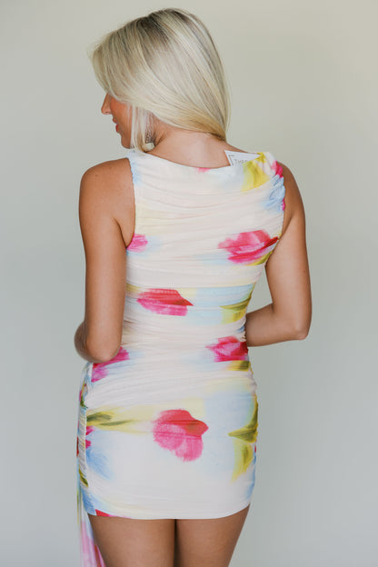 Sleeveless Boat Neck Ruched Mini Dress