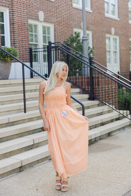 Smocked Striped Midi Dress