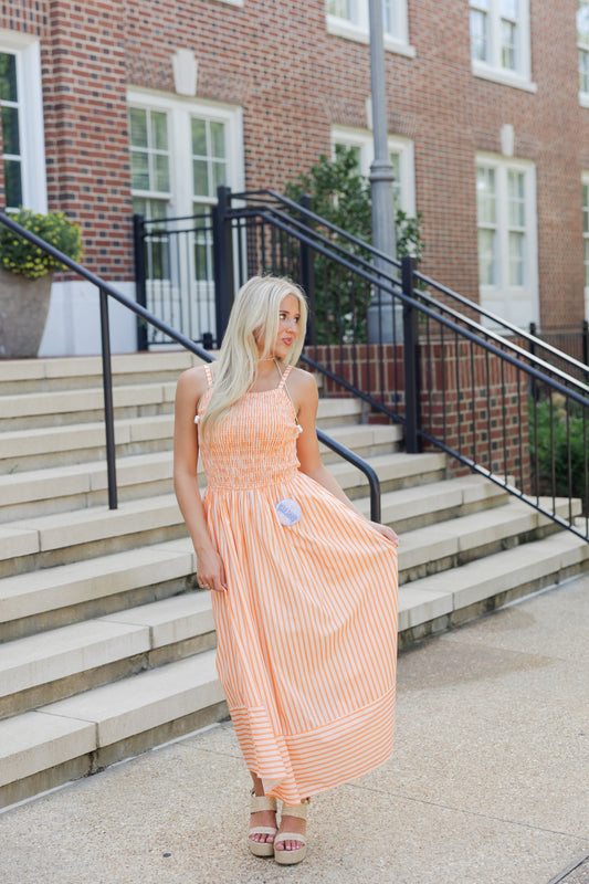 Smocked Striped Midi Dress