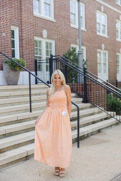Smocked Striped Midi Dress