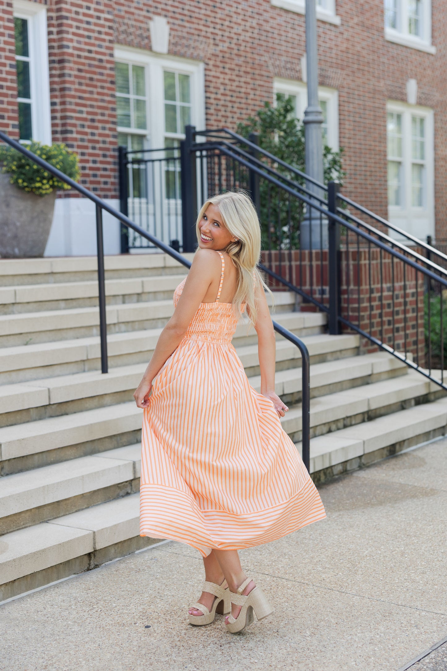 Smocked Striped Midi Dress