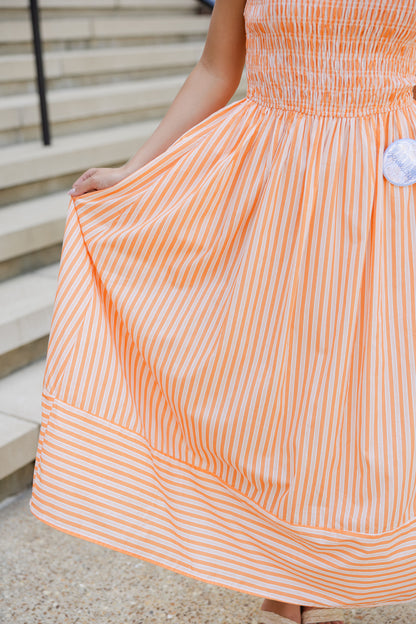 Smocked Striped Midi Dress