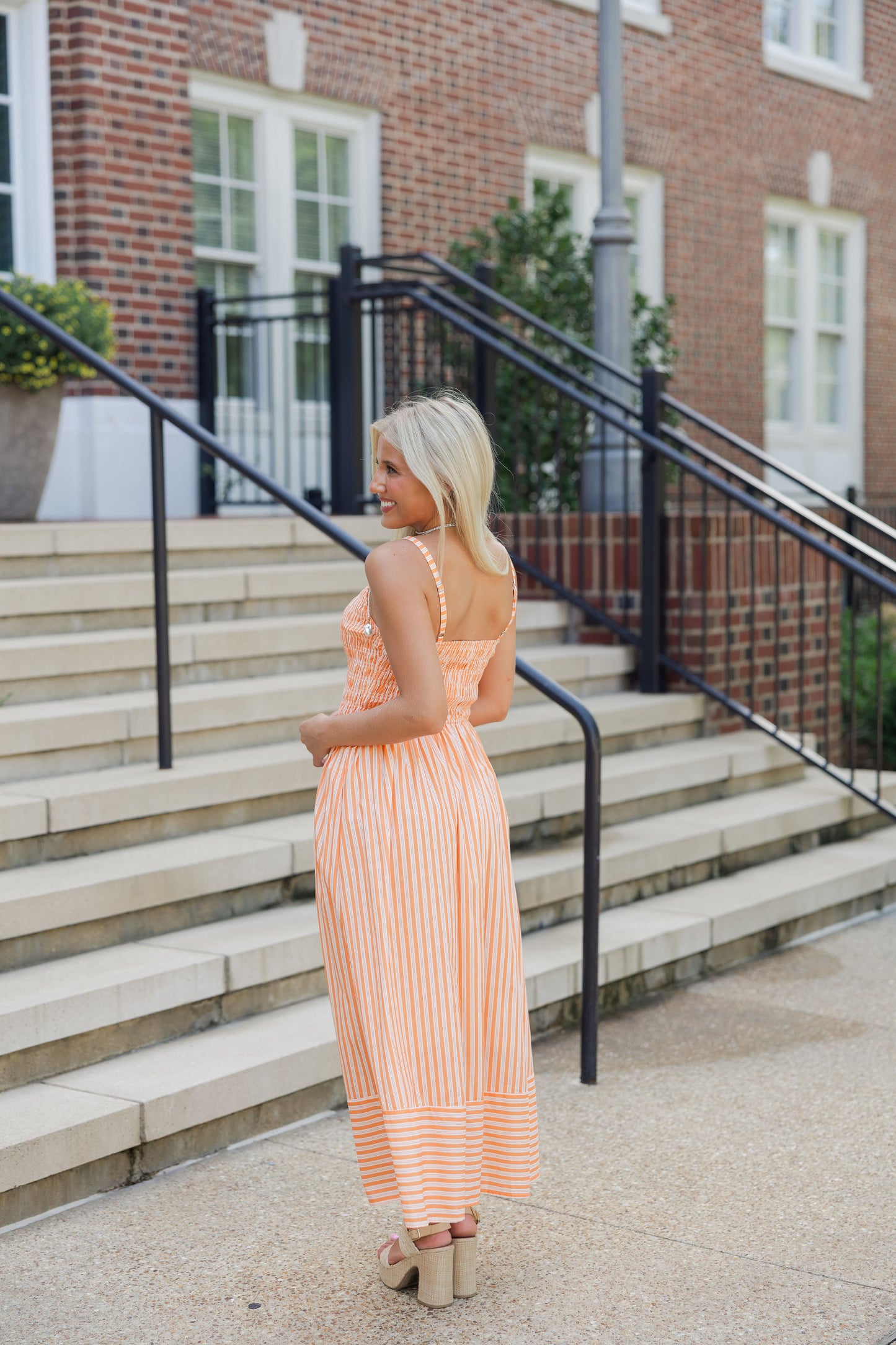 Smocked Striped Midi Dress
