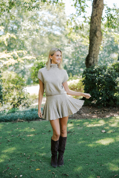 Taupe Turtleneck Crop Top and Pleated Skirt Set