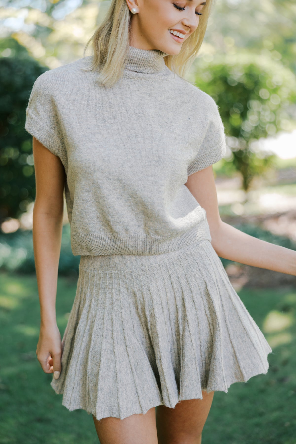 Taupe Turtleneck Crop Top and Pleated Skirt Set