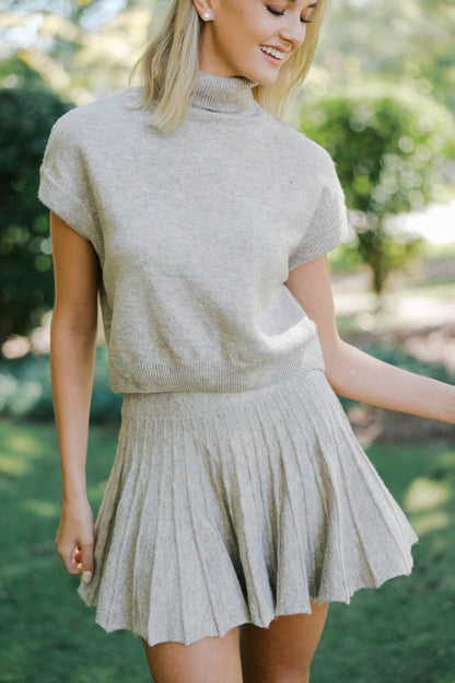 Taupe Turtleneck Crop Top and Pleated Skirt Set