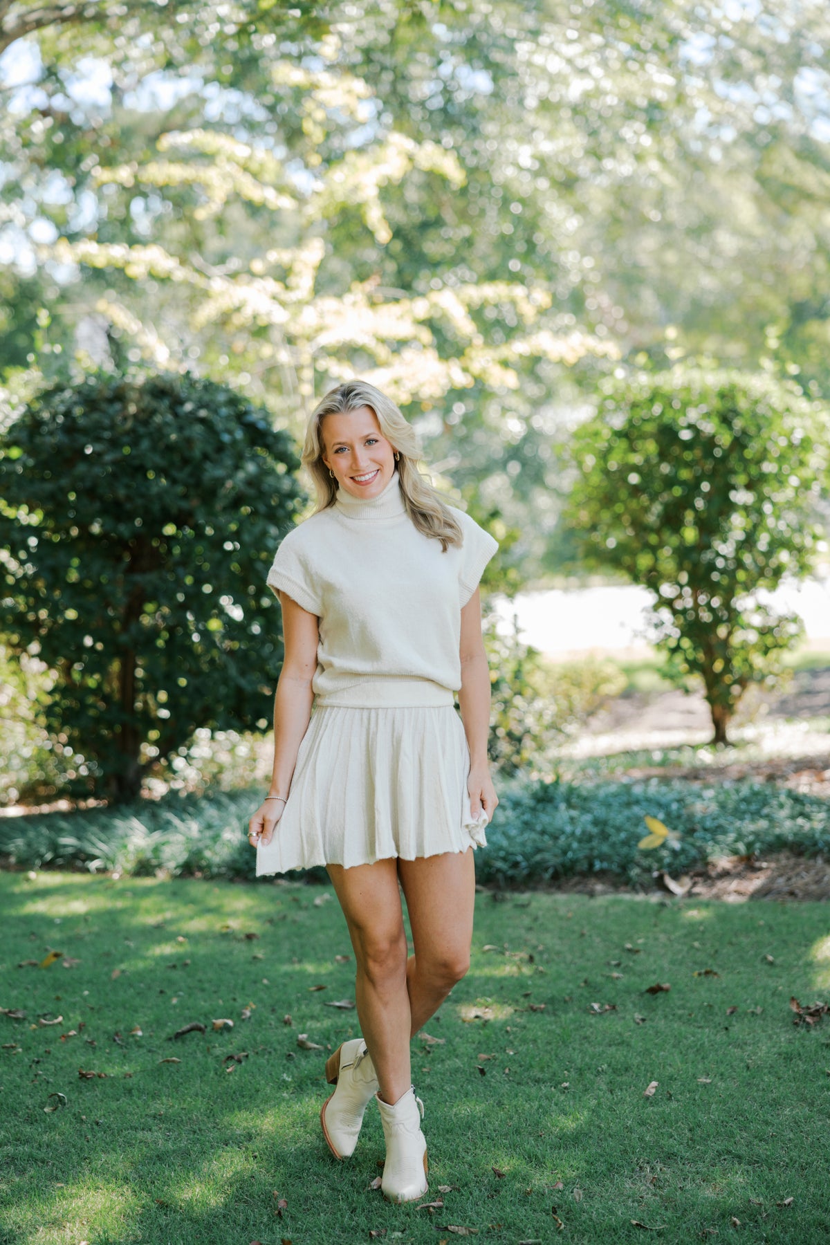 Cream Turtleneck Crop Top and Pleated Skirt Set