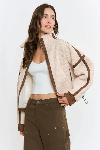 Cream Sherpa Coat with Suede Accents