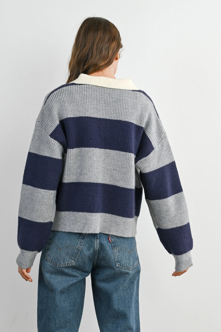 Buttoned Striped Collared Long Sleeve Top