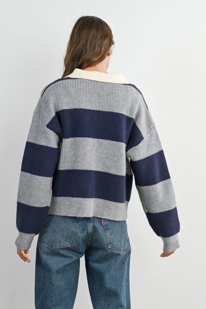 Buttoned Striped Collared Long Sleeve Top