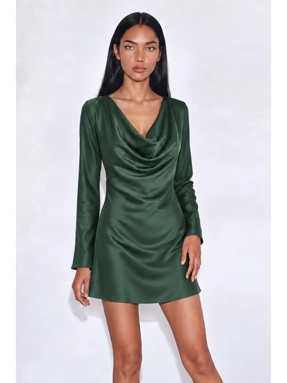 SATIN COWL NECKLINE LONG SLEEVE BIAS MINI DRESS