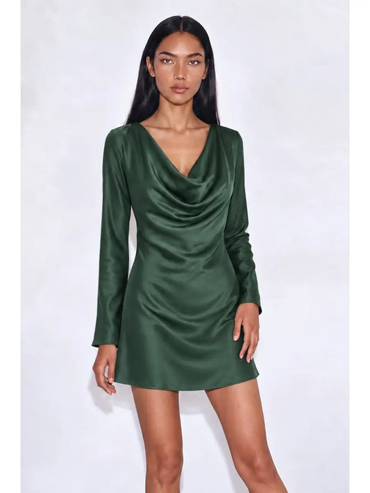 SATIN COWL NECKLINE LONG SLEEVE BIAS MINI DRESS