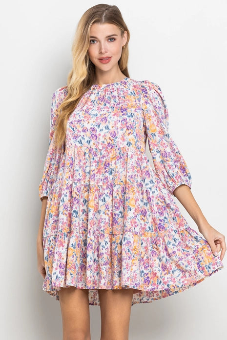 Floral Print Bubble Sleeve Dress
