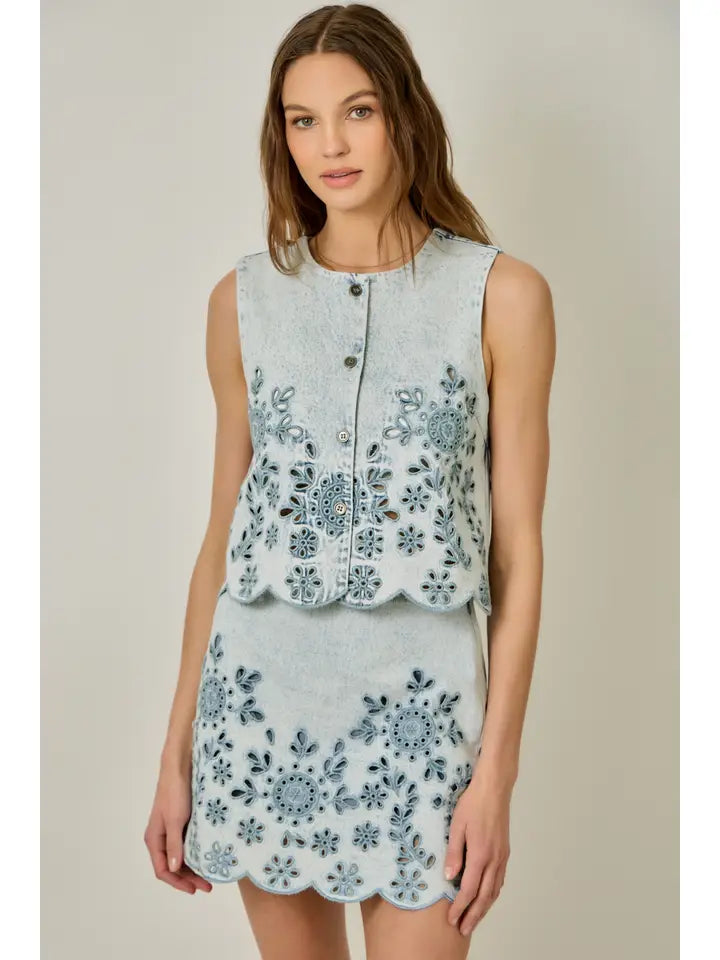 Embroidered Eyelet Washed Vest & Skort Set