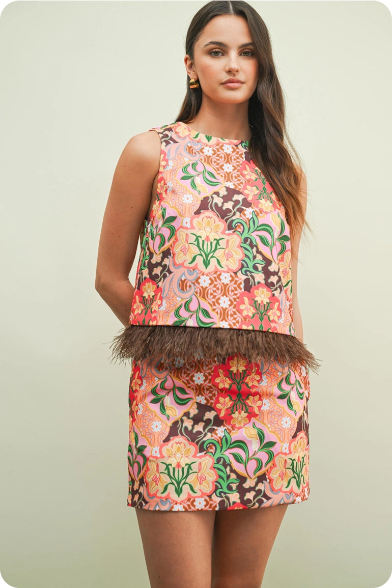 Garden Party Feather Hem Sleeveless Top & Mini Skirt Set