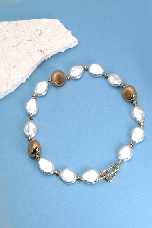 Puffy Pearl and Gold  Toggle Necklace