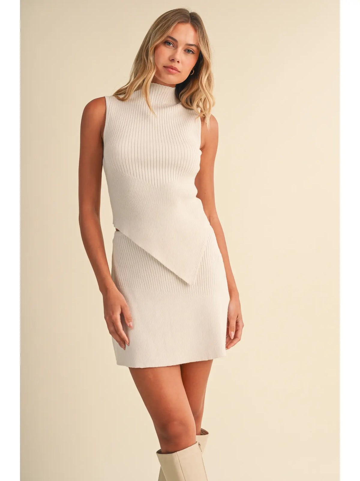 High Neckline Asymmetric Hem Knit Top and Skirt Set