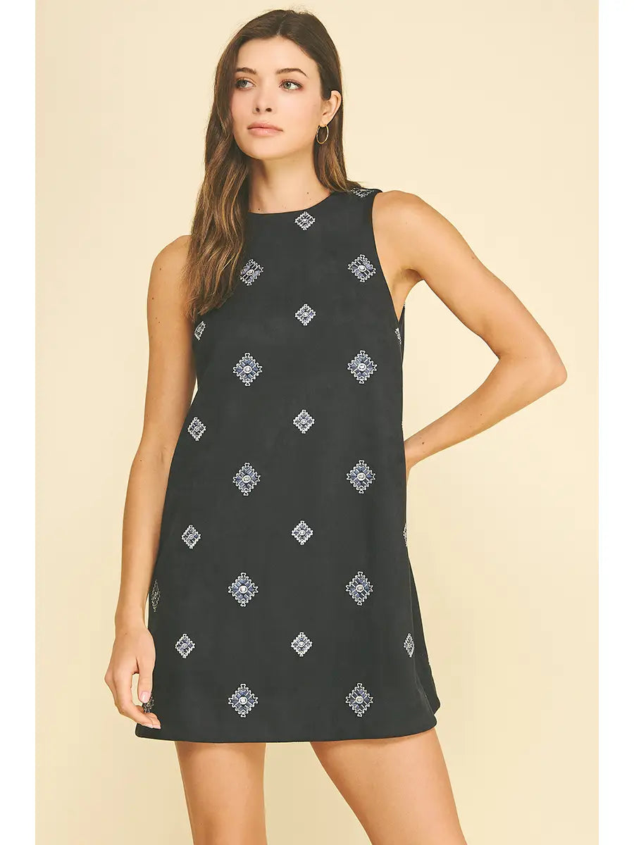 Embroidered Suede A-Line Mini Dress