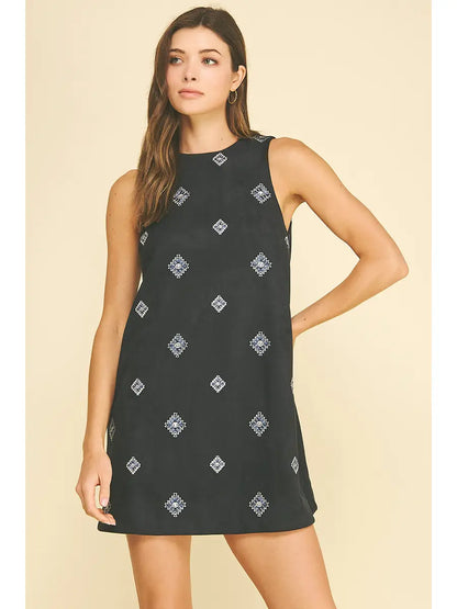 Embroidered Suede A-Line Mini Dress
