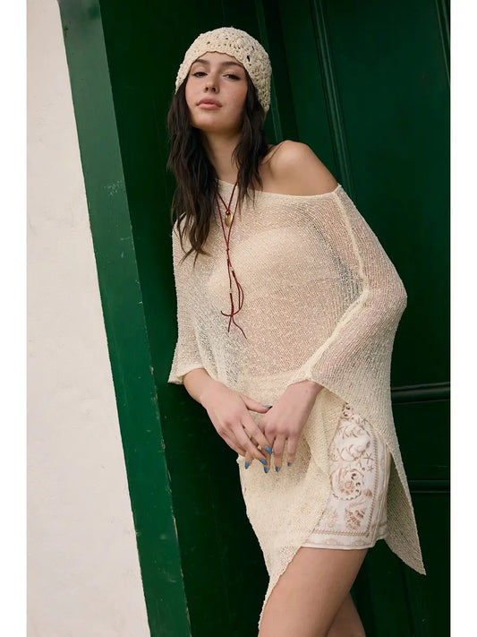 See-Through Knit One-Sholder Sheer Poncho