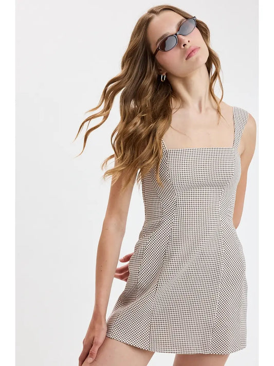 Gingham Checker Wide Strap Plain Mini Dress