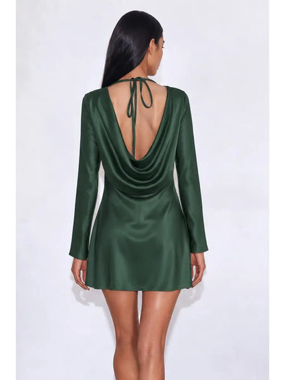 SATIN COWL NECKLINE LONG SLEEVE BIAS MINI DRESS