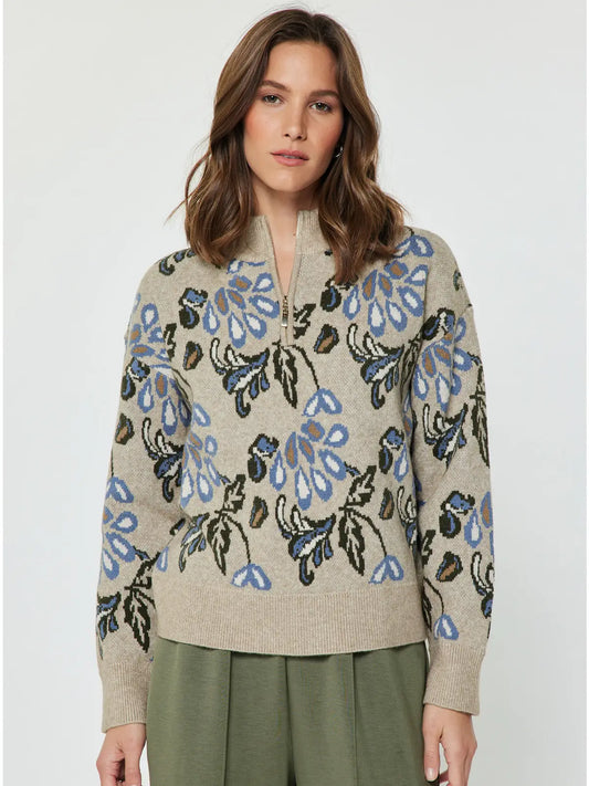 Pattern Jacquard Half Zip-Up Sweater
