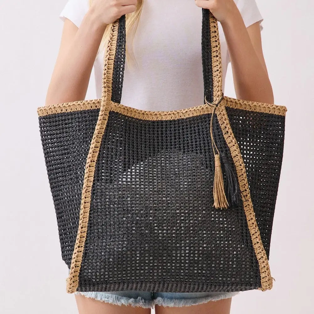 Two Tone Woven Straw Tote