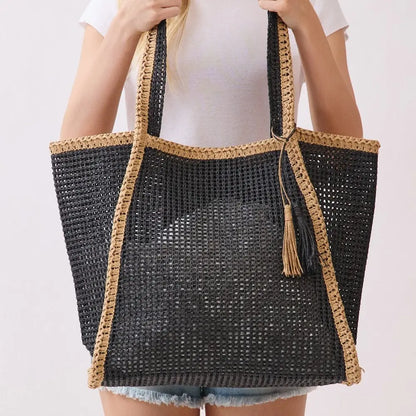 Two Tone Woven Straw Tote